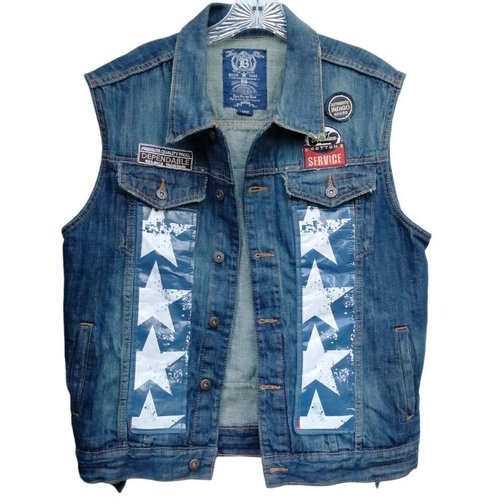 Basic Code Denim Vest Size L Patches Back Panel Freedom